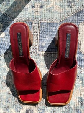 Hillard & Hanson Burgundy Leather Slide Mules with Wooden Block Heel